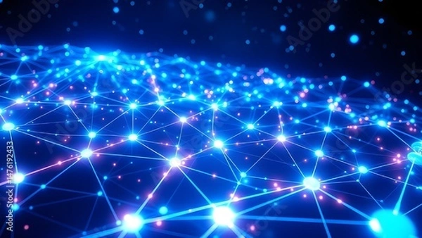 Obraz Glowing Blue Digital Network with Interconnected Points and Lines, Futuristic Abstract Technology Background, Data Connections