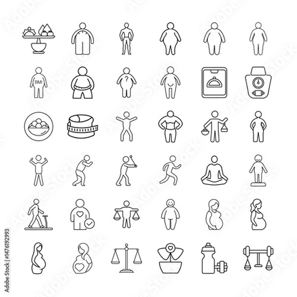 Fototapeta Collection of Line Icons Health, Fitness, and Weight Management Concepts, Including Body Types, BMI, Exercise, Balanced Diet, Hydration, and Wellness Activities for Physical and Mental Health