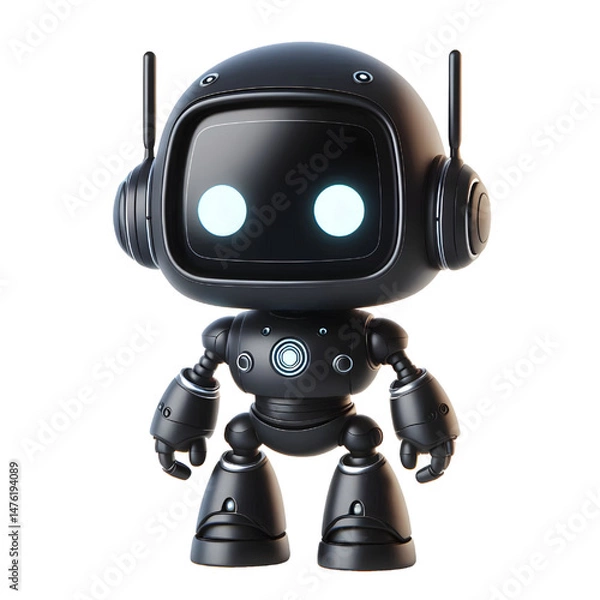 Obraz Cute 3D black robot AI with golden eyes pointing and looking up smiling in side view isolated on white background