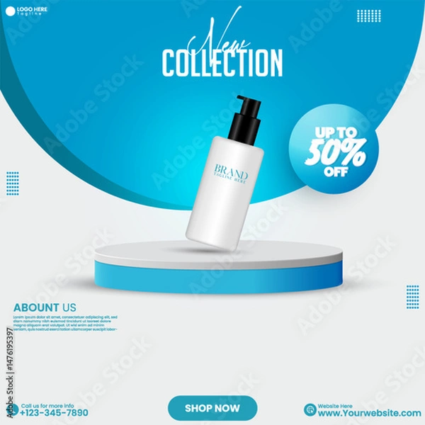 Obraz Product showcase design template. Empty studio backdrop background design with cosmetics product. 3D minimalist social media cosmetics product sale promotional poster design vector. Social media ads. 