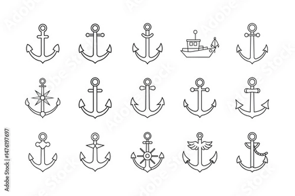 Fototapeta Set of Line Icons Featuring Various Anchor Designs, Including Nautical, Ship, and Boat Anchors, with Decorative Variations Like Star, Wing, and Rope Details