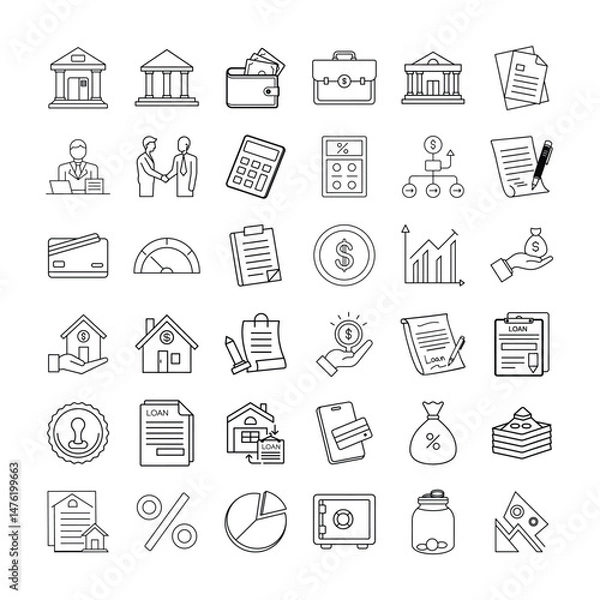 Fototapeta et of Line Icons Representing Banking, Loans, Financial Services, and Transactions, Featuring Credit Cards, Mortgages, Contracts, Investment, and Money Management Symbols