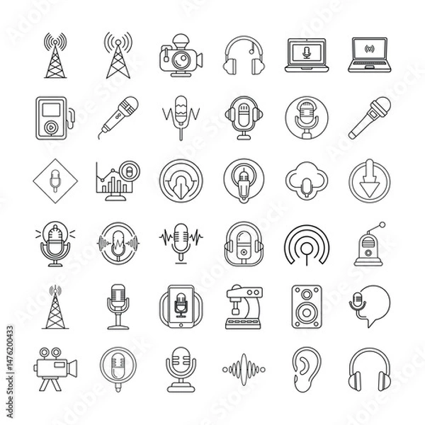 Fototapeta Set of Line Icons Representing Podcasting, Audio, and Media Equipment, Including Microphones, Headphones, Sound Waves, Recording Devices, and Broadcasting Tools