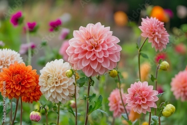 Fototapeta Vibrant Dahlia Blooms in a Garden