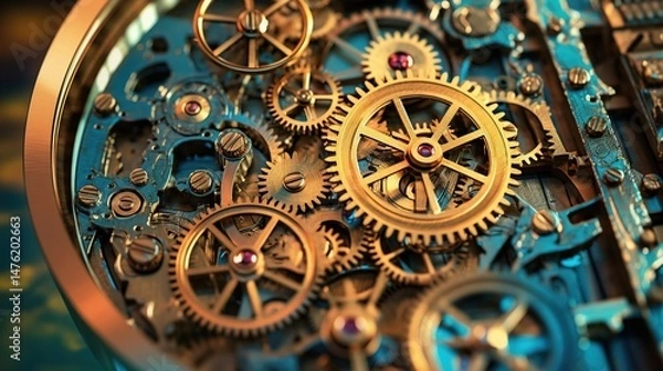 Obraz Gears and cogs in clockwork watch mechanism.