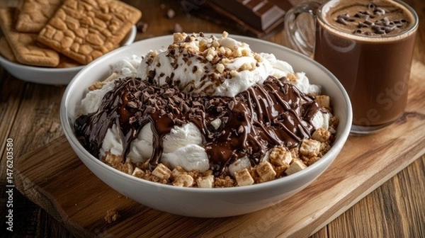 Fototapeta A delectable dessert in a white bowl features a scoop of vanilla ice cream topped with rich chocolate fudge, surrounded by chunks of brownie.