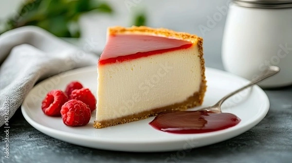 Fototapeta A rectangular slice of creamy dessert with a glossy yellow topping sits on a light blue rectangular plate.