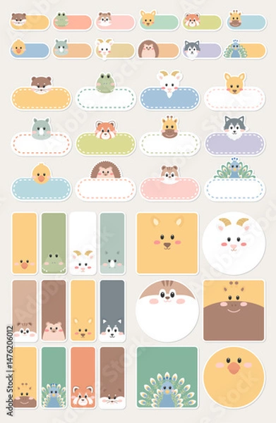 Fototapeta 귀여운 동물 이름표 견출지 라벨 스티커 디자인 도안 세트