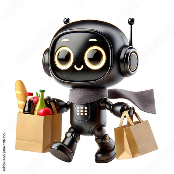 Fototapeta Cute 3D black robot with golden eyes carrying grocery bags and smiling in side view isolated on white background
