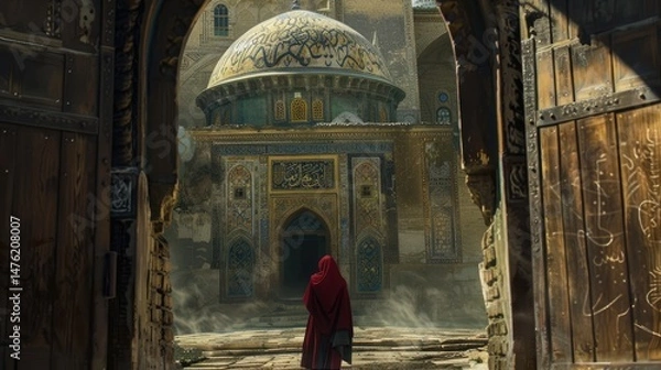 Fototapeta Ancient mosque doorway view with a woman in a red robe.