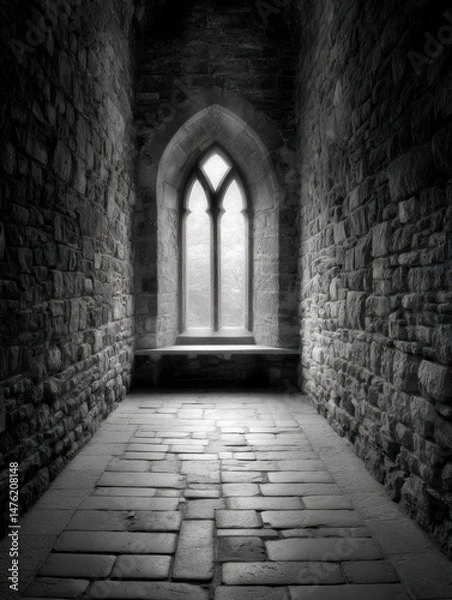 Fototapeta Narrow Gothic Passage with Illuminated Window and Textured Stone Walls in Monochrome
