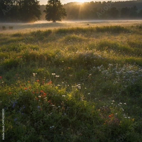 Obraz "A remote countryside meadow at dawn, covered in morning dew and wildflowers, with soft sunlight casting long shadows and a light mist hovering over the grass."