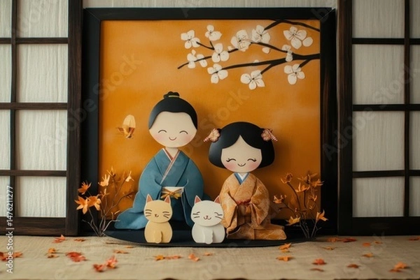 Fototapeta flawless image of front view happy japanese family with cat