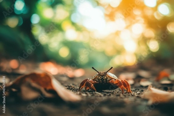 Fototapeta clear pixel picture of hermit crab crawling on a wood under sunlight with a blurry background