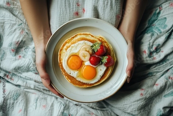 Fototapeta ultra HD visual of high angle breakfast in bed with pancake