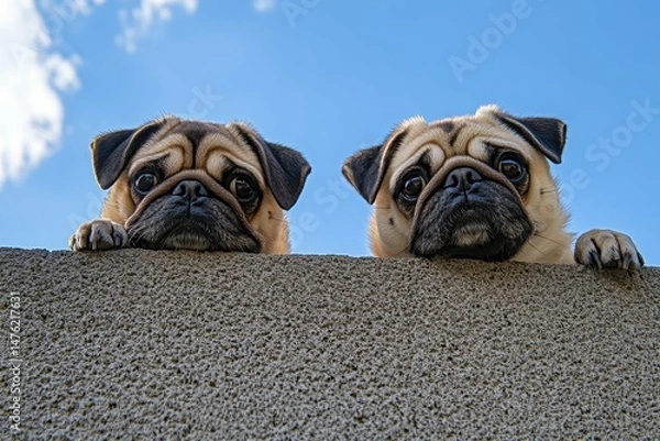 Fototapeta clear pixel picture of low angle closeup shot of two cute pugs on the wall while looking down