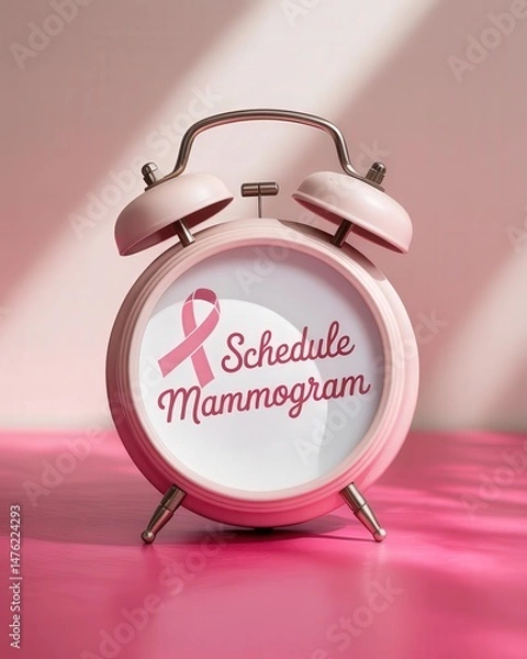 Fototapeta Pink clock with 'Schedule Mammogram' reminder and awareness ribbon.