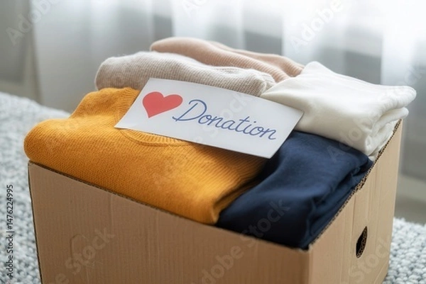 Fototapeta Box of clothes ready for donation with a heart symbol.