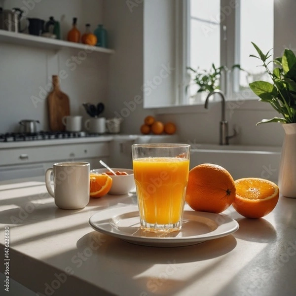 Obraz "A tall glass of vibrant orange juice with pulp, next to a halved orange and a breakfast plate on a clean white kitchen table, bathed in natural daylight."