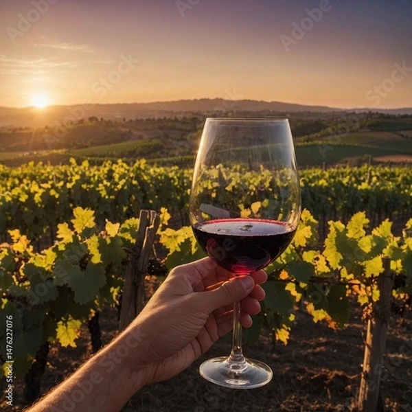Obraz "A chilled glass of red wine held by a person’s hand during sunset, with a vineyard landscape in the background and soft golden lighting."
