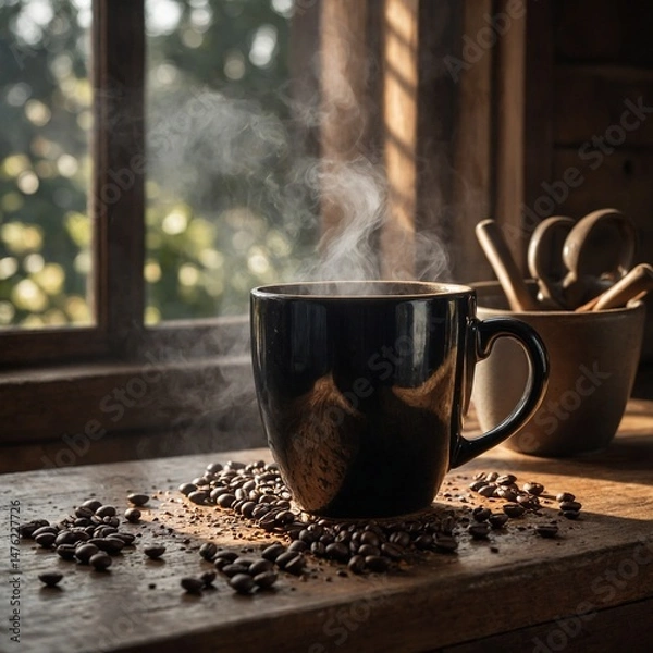 Obraz "A steaming ceramic mug of black coffee on a rustic kitchen counter, with soft morning light coming through a window and coffee beans scattered nearby."