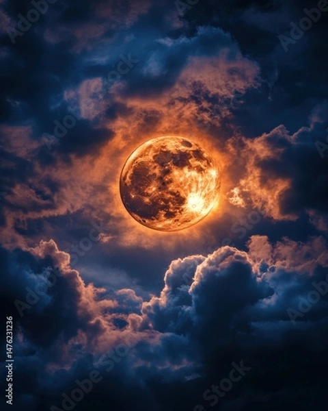 Fototapeta Dramatic close-up of a fiery moon rising through dark stormy clouds at night, fantasy scene, celestial concept
