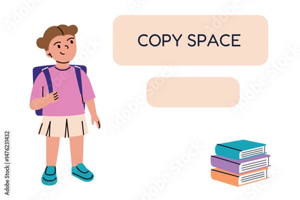 Fototapeta Flat cartoon template with copy space for childrens educational designs and school websites. School girl vector illustration with backpack looking at text area. Learning, study and kids projects