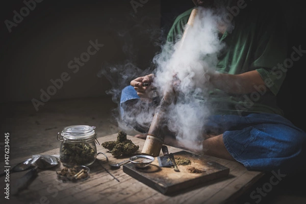 Obraz Addiction concept, An addict experiencing a crisis of dependence after prolonged use of drugs and alcohol, Stop dope,  international Day against Drug Abuse and Illicit Trafficking.