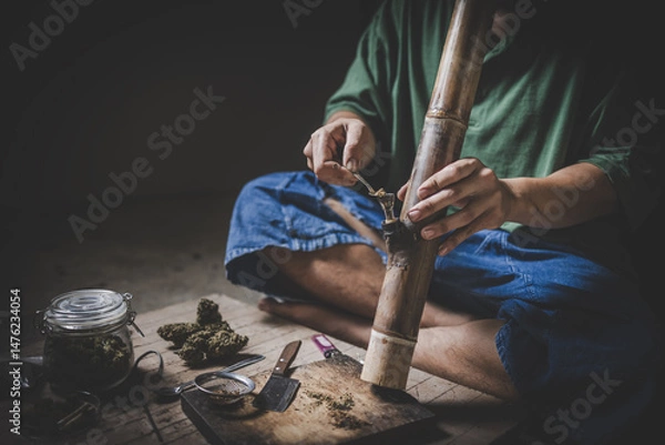 Obraz Addiction concept, An addict experiencing a crisis of dependence after prolonged use of drugs and alcohol, Stop dope,  international Day against Drug Abuse and Illicit Trafficking.