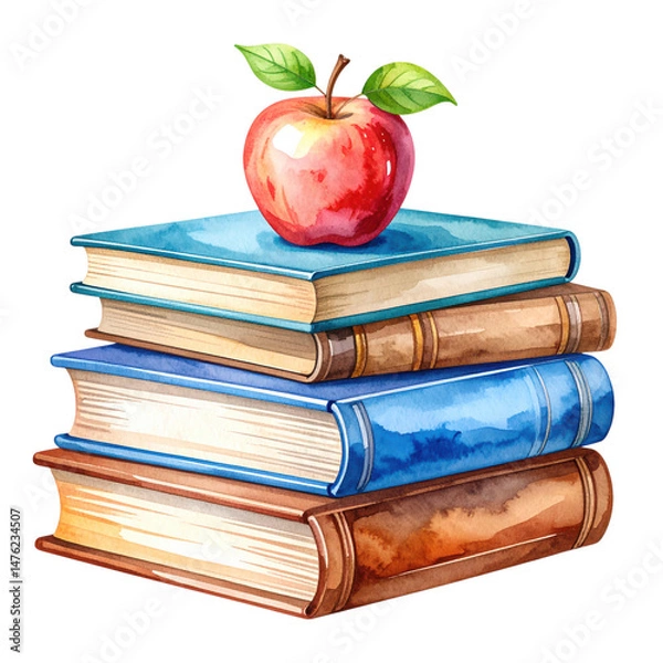 Fototapeta A stack of colorful books topped with a red apple and green leaves