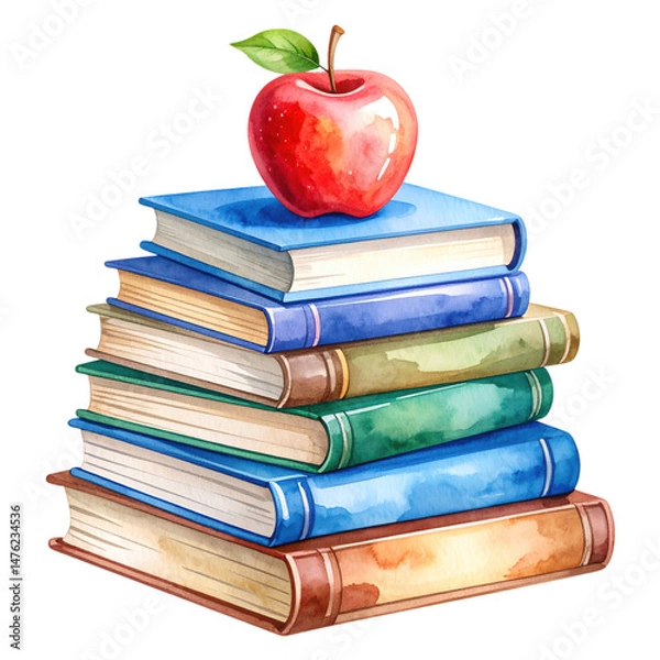 Fototapeta A stack of colorful books topped with a shiny red apple, symbolizing knowledge and learning
