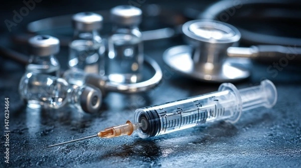 Fototapeta Medical Syringe Vials and Stethoscope on Dark Surface Healthcare and Vaccination Concept