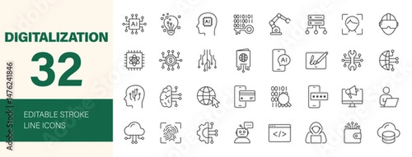 Fototapeta Digitalization icon set. Containing setting, technology, virtual data, digital tech, embedded system, binary, circuit and more. Editable line icons. Vector illustration.