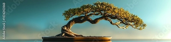 Fototapeta An elegant bonsai tree with twisting branches beautifully displayed on a reflective surface