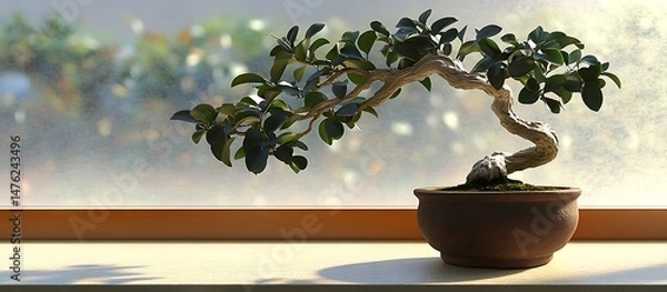Fototapeta An elegantly twisted bonsai tree with dark green leaves in a rustic clay pot positioned on a sunlit windowsill