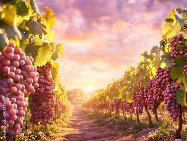 Fototapeta An inviting vineyard at sunset the grapes glowing in the warm light and the sky painted in soft colors