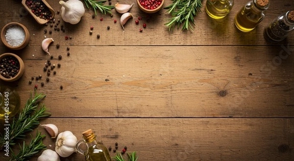Fototapeta Rustic Wooden Table with Cooking Spices, Herbs, Olive Oil and Culinary Ingredients with Copy Space generative ai