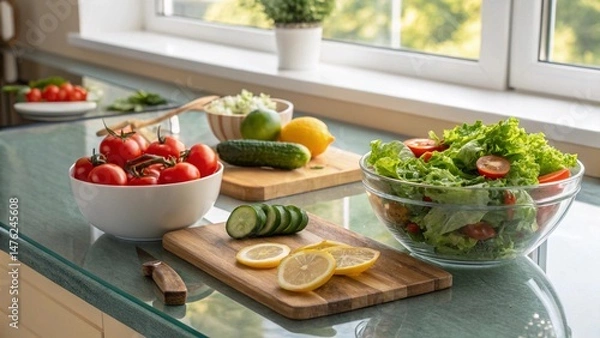 Fototapeta Fresh Organic Vegetables and Salad Ingredients on Modern Kitchen Countertop with Natural Light generative ai