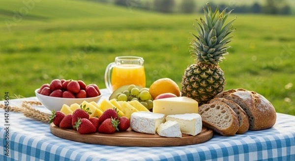 Fototapeta Summer Picnic Spread with Fresh Fruits, Cheese Board, Bread and Orange Juice on Checkered Tablecloth generative ai