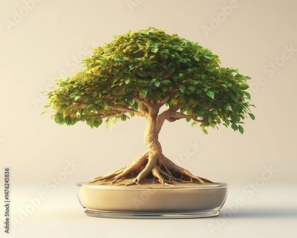 Fototapeta An isolated bonsai tree displayed in a sleek glass pot highlighting its roots and leaves against a neutral background