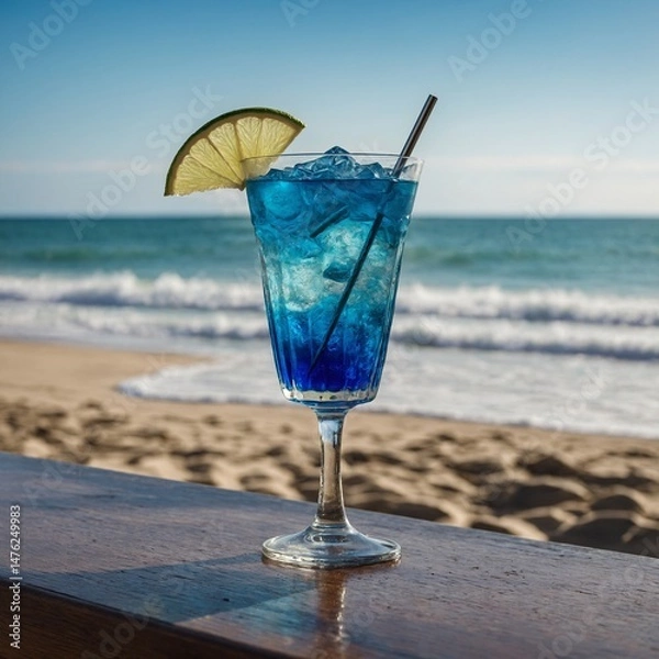 Obraz "A stylish cocktail glass with a vibrant blue drink, garnished with a slice of lime and a tiny umbrella, set on a beach table with ocean waves in the distance."