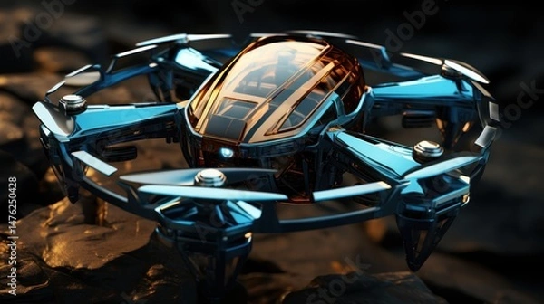 Fototapeta space ship with a flying drone in the background