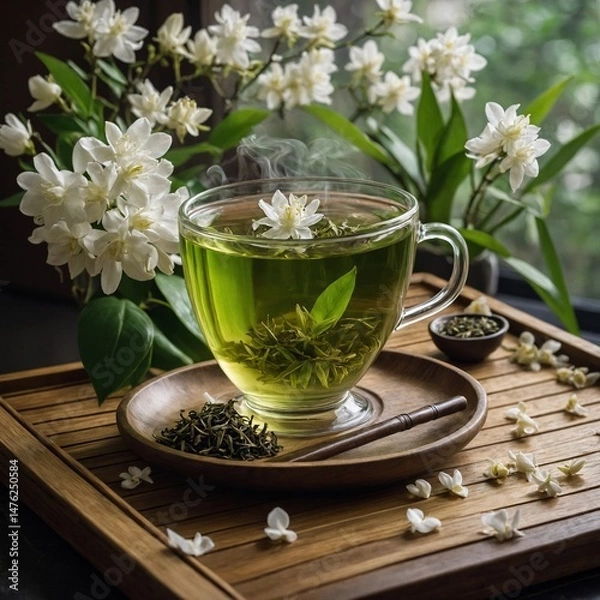 Obraz "A glass teacup filled with herbal green tea, resting on a bamboo tray with steam gently rising, surrounded by loose tea leaves and a blooming jasmine flower."