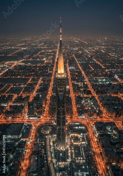Fototapeta Showcasing modern design, the Kingdom Centre's illuminated presence in the Riyadh skyline highlights the dynamic energy and impressive infrastructure of the Middle East