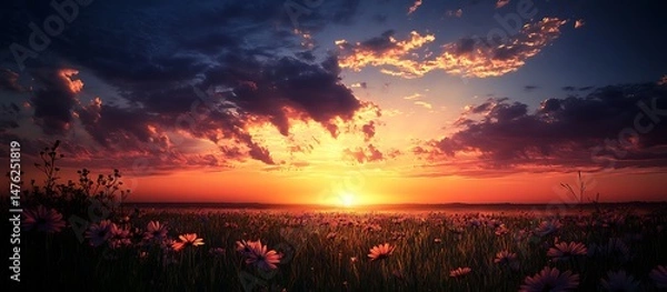 Fototapeta An open field at sunset with wildflowers silhouetted against a breathtaking sky creating a peaceful atmosphere
