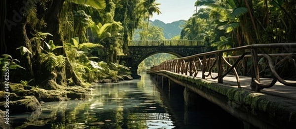 Fototapeta Panoramic view of a bridge over a river in the jungle
