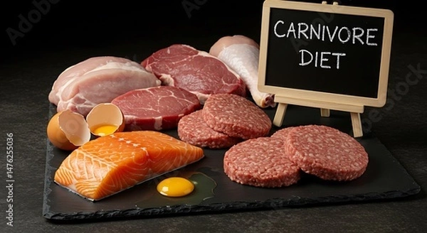 Fototapeta Assortment of raw meat cuts including chicken, beef, and salmon on black slate with a chalkboard label reading Carnivore Diet