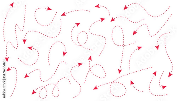 Fototapeta Set of hand drawn vector arrows set. hand-drawn arrow with dotted line. red dots line arrow collection