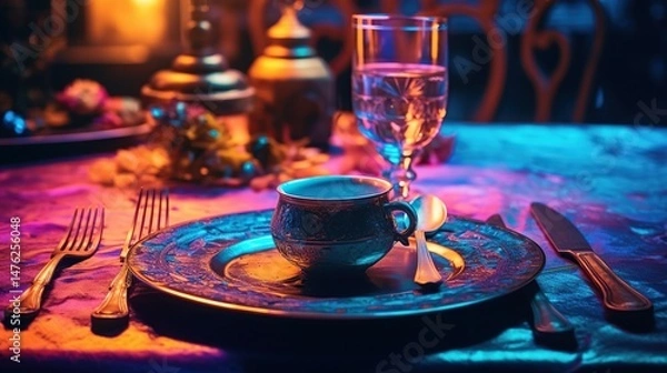 Fototapeta Elegant Table Setting with Vintage Cup and Water Glass in Evening Light