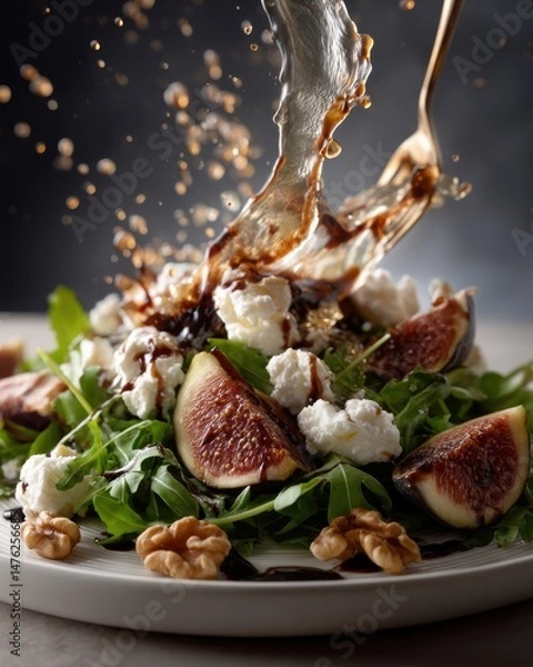 Fototapeta Balsamic dressing dramatically splashes onto a fig salad, beautifully combining flavors and textures in an artistic presentation.